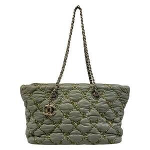 Chanel Paris Byzance Shoulder Bag A50633 Gray Khaki Light Green Nylon Leather